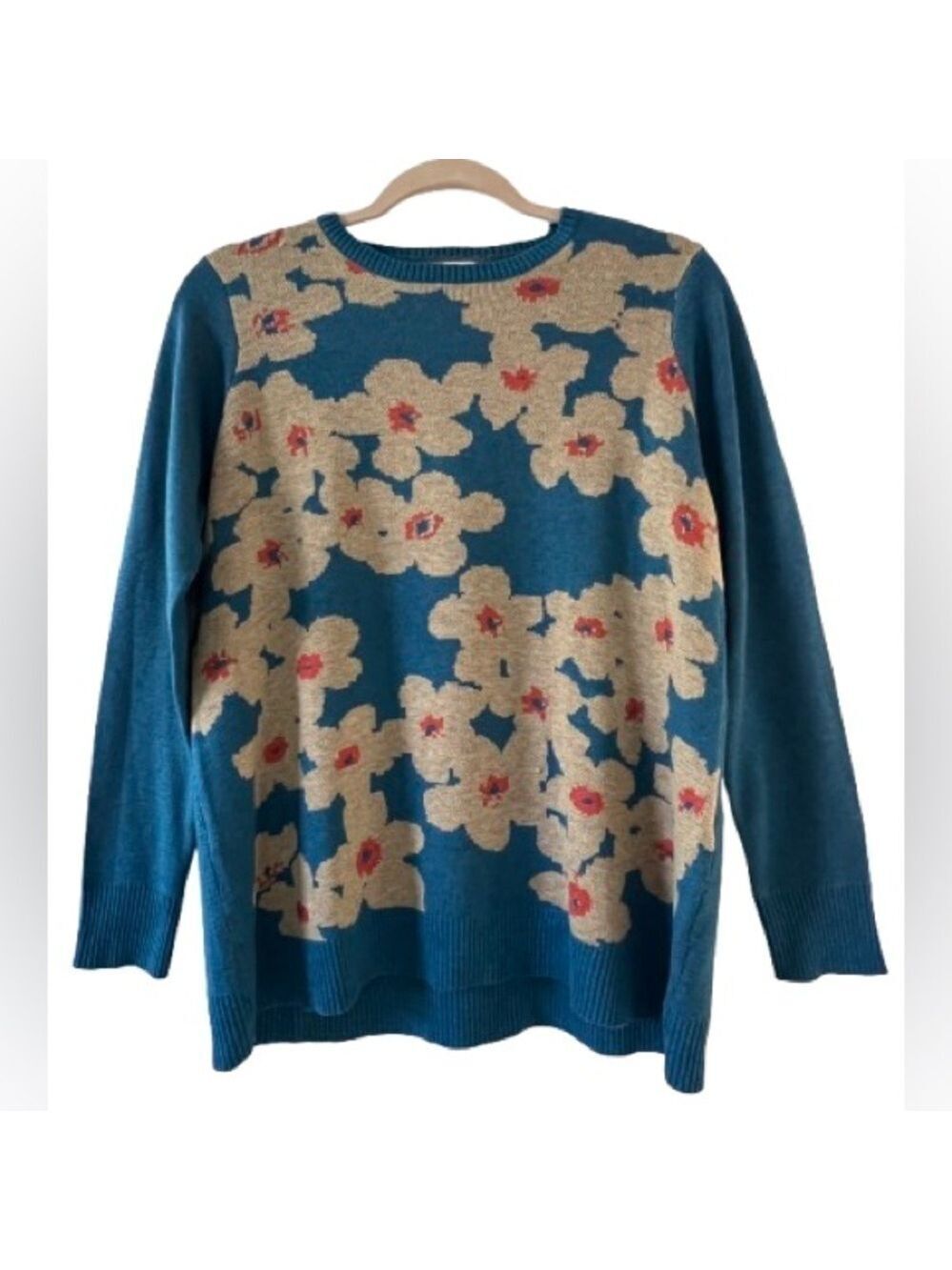LOGO by Lori Goldstein Floral Jacquard Long Sleeve Sweater Coastal Blue. Size S - Picture 2 of 6
